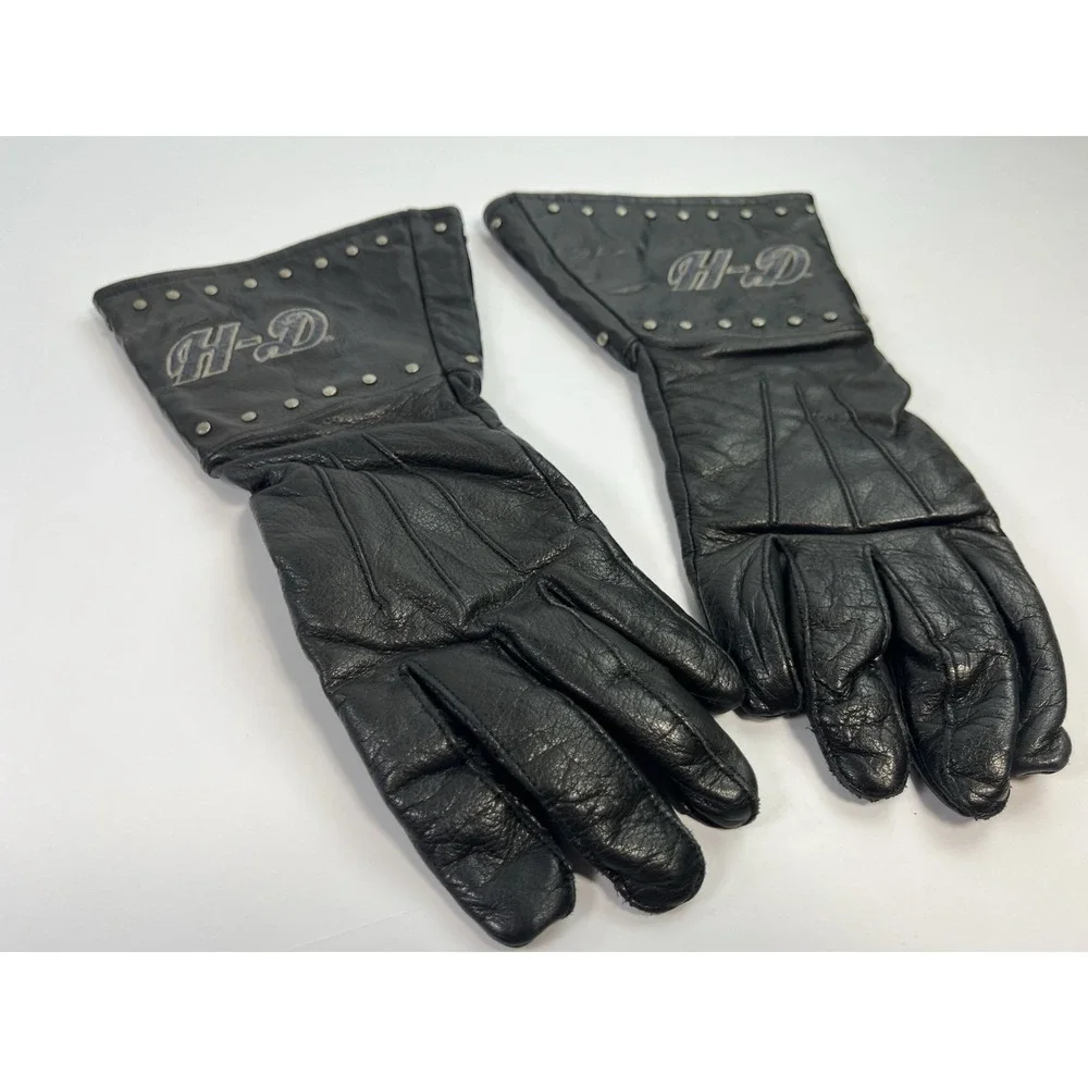 Vintage Harley-Davidson Womens Leather Gloves Small Black Rivet Long Gauntlet HD